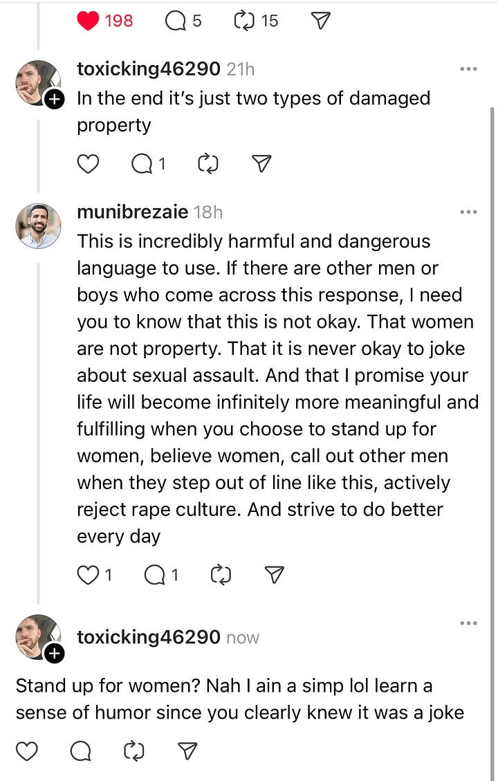 Threads screenshot showing simp ad hominem and "it's just a joke" deflection — example 2b