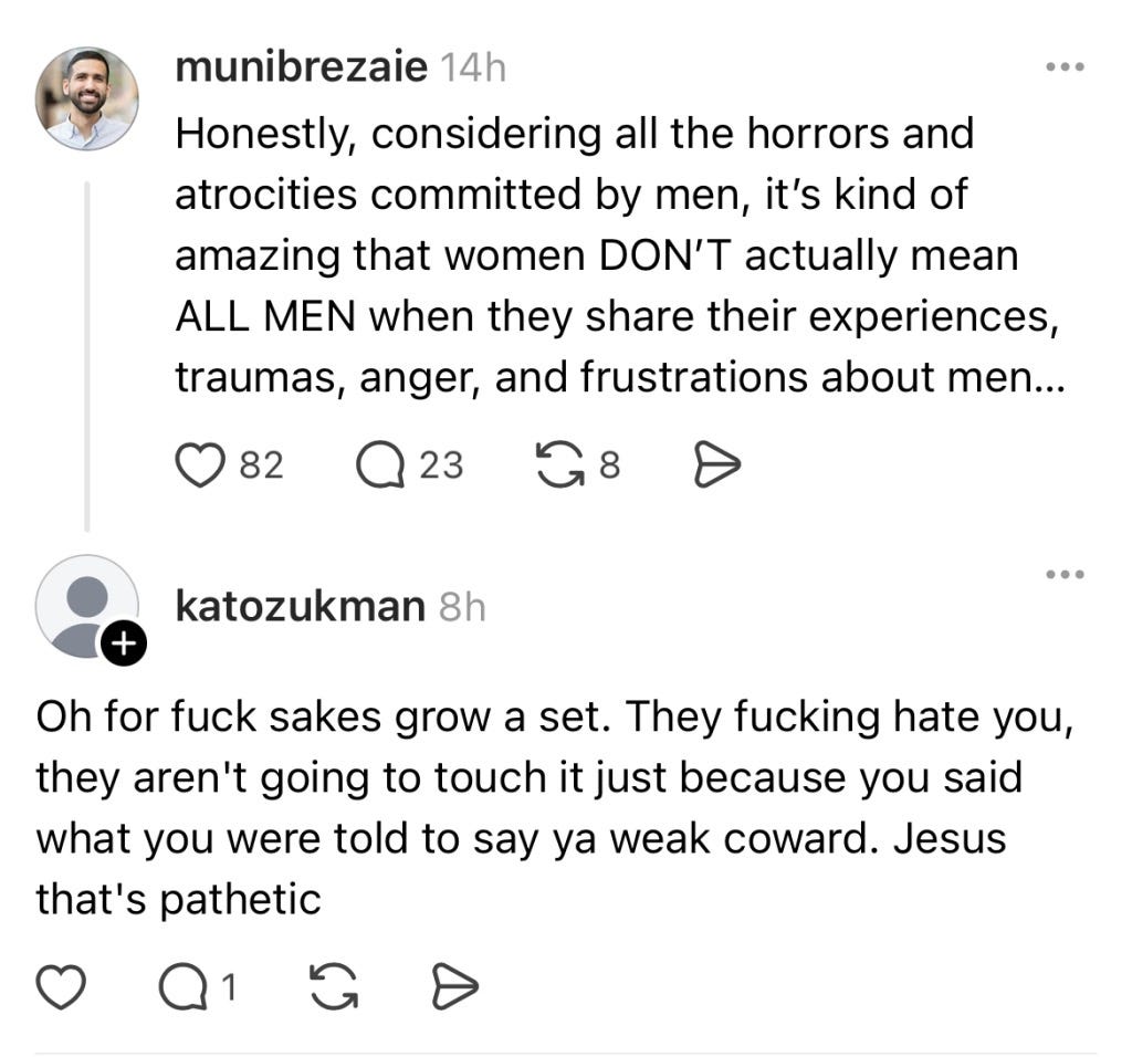 Threads screenshot showing "grow a set" ad hominem attack — example 3